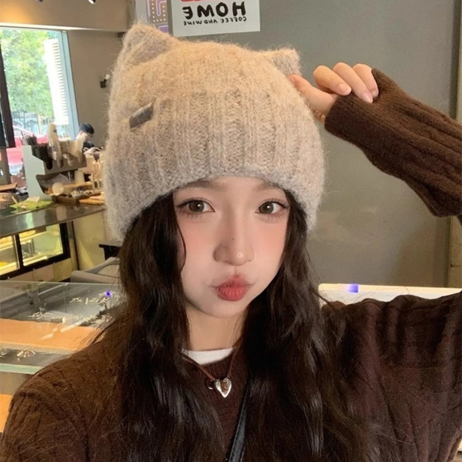 1pc Cat Ear Knitted Beanies Winter Warm Wool Hat Headwear