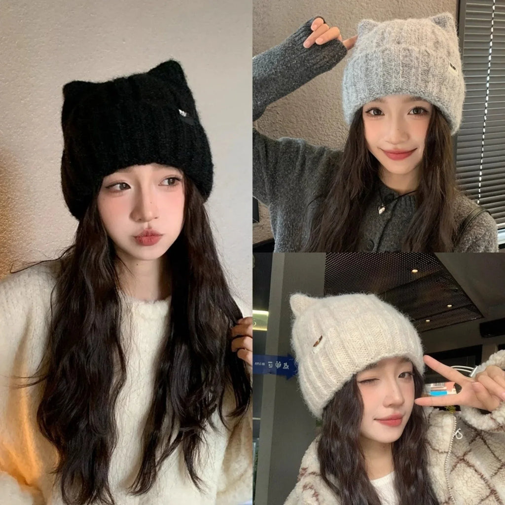 1pc Cat Ear Knitted Beanies Winter Warm Wool Hat Headwear