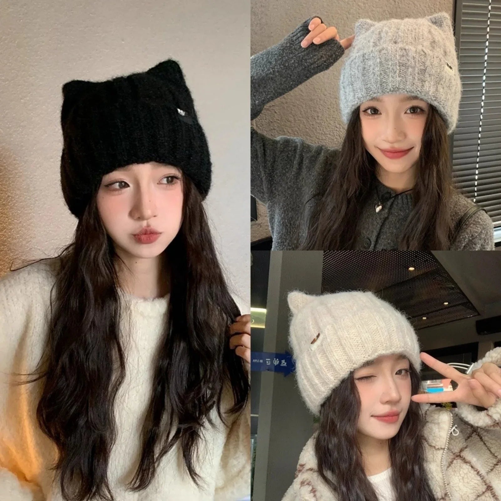 1pc Cat Ear Knitted Beanies Winter Warm Wool Hat Headwear