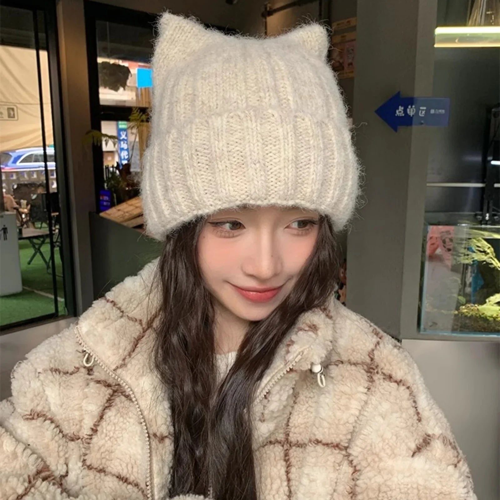 1pc Cat Ear Knitted Beanies Winter Warm Wool Hat Headwear