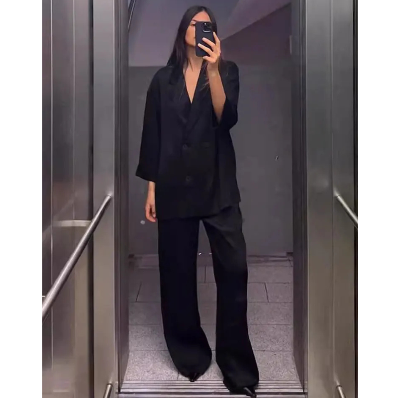 2pcs Casual Double Breasted Blazer and Wide Leg Trousers Office Outfit