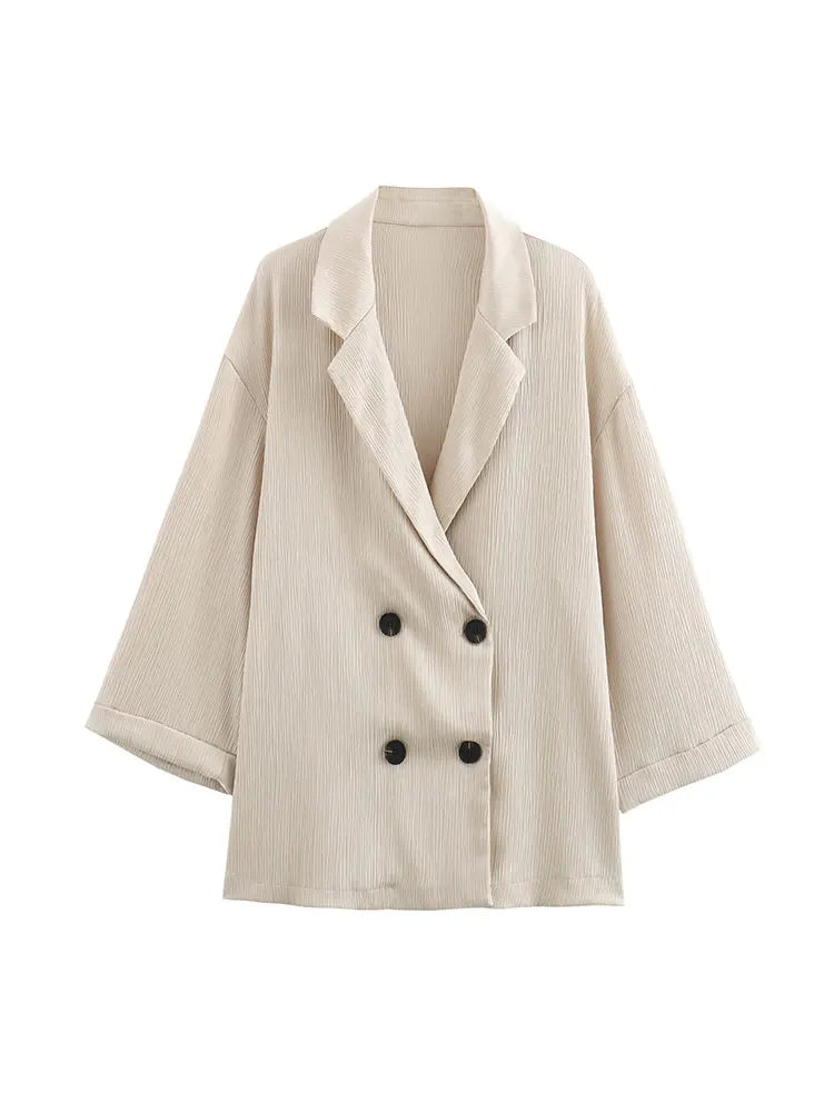 2pcs Casual Double Breasted Blazer and Wide Leg Trousers Office Outfit