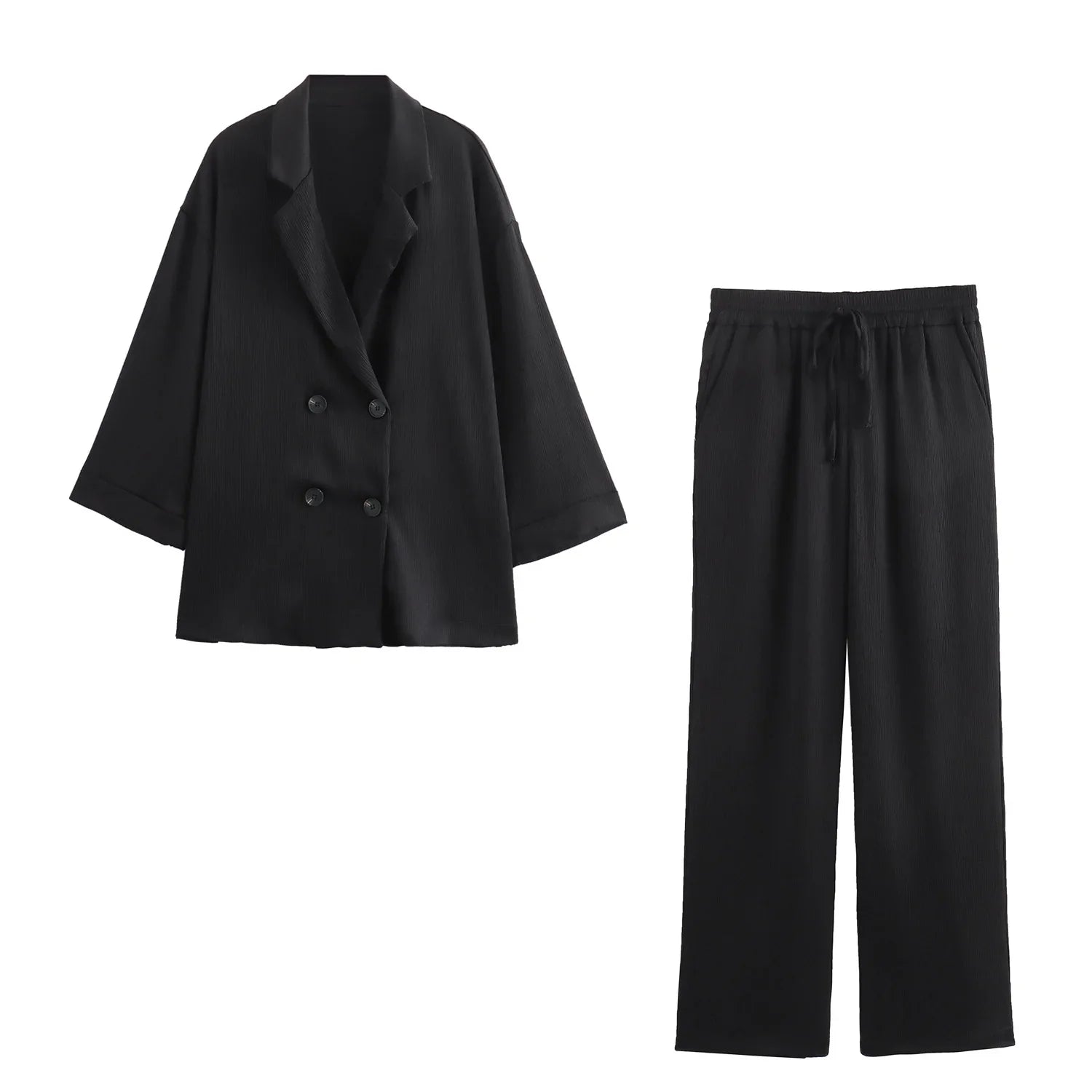 2pcs Casual Double Breasted Blazer and Wide Leg Trousers Office Outfit