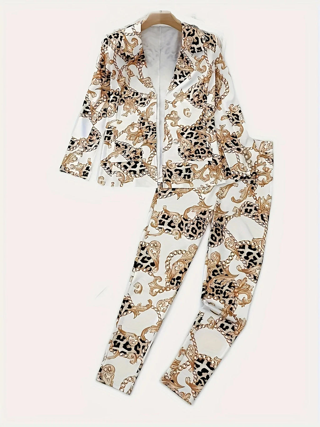 2pcs Chain Printed Double Breasted Long Sleeved Lapel Jacket and Pants