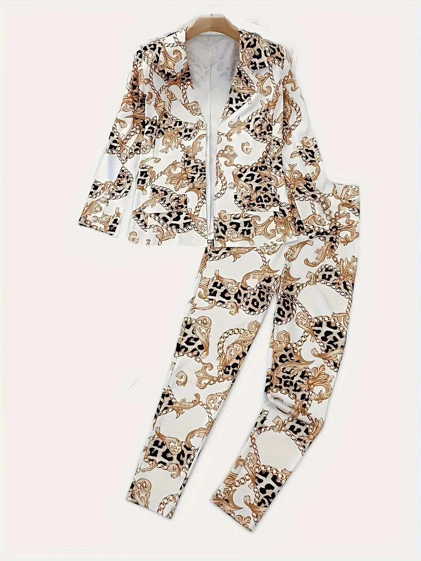 2pcs Chain Printed Double Breasted Long Sleeved Lapel Jacket and Pants