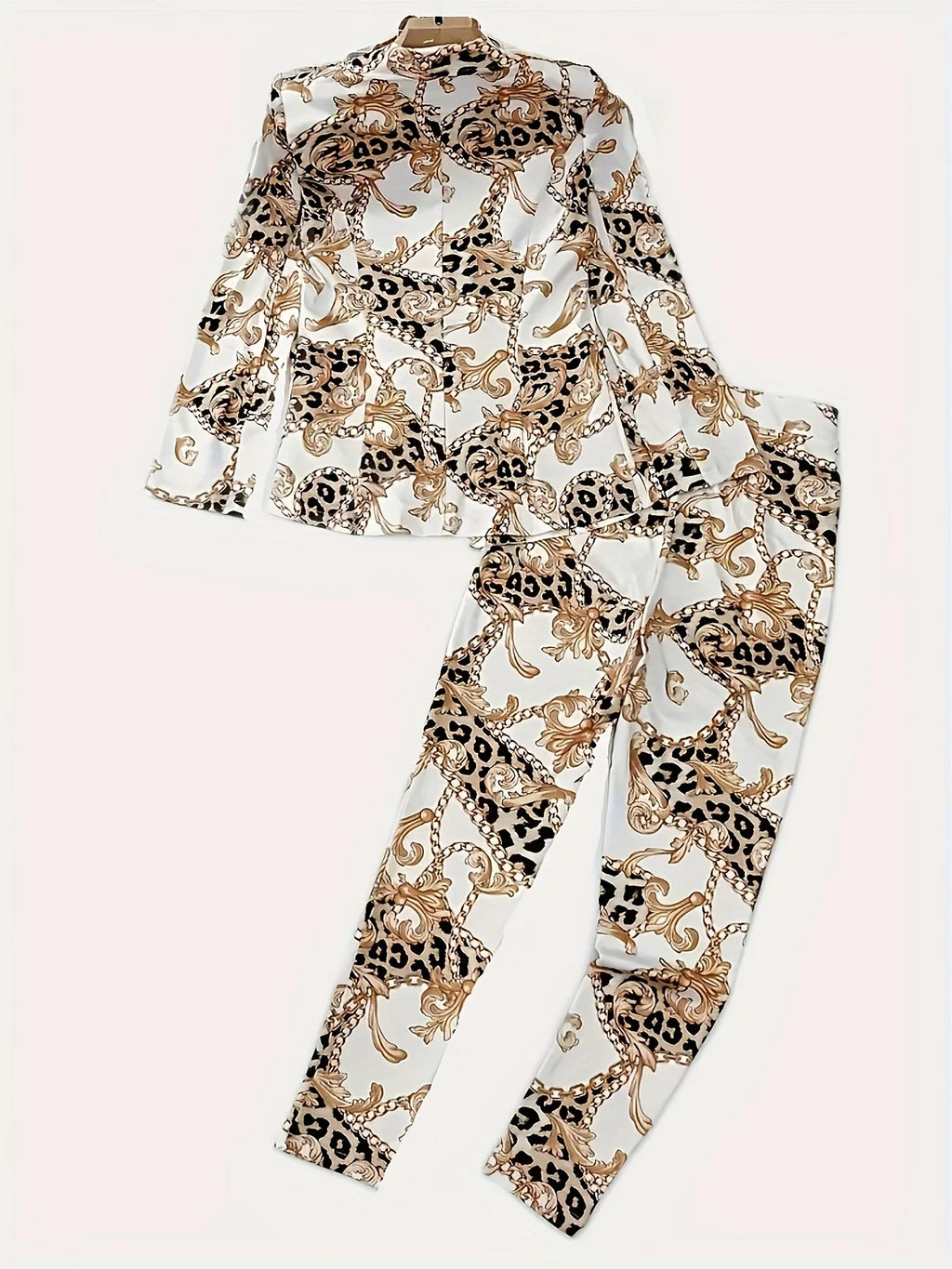 2pcs Chain Printed Double Breasted Long Sleeved Lapel Jacket and Pants