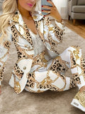 2pcs Chain Printed Double Breasted Long Sleeved Lapel Jacket and Pants