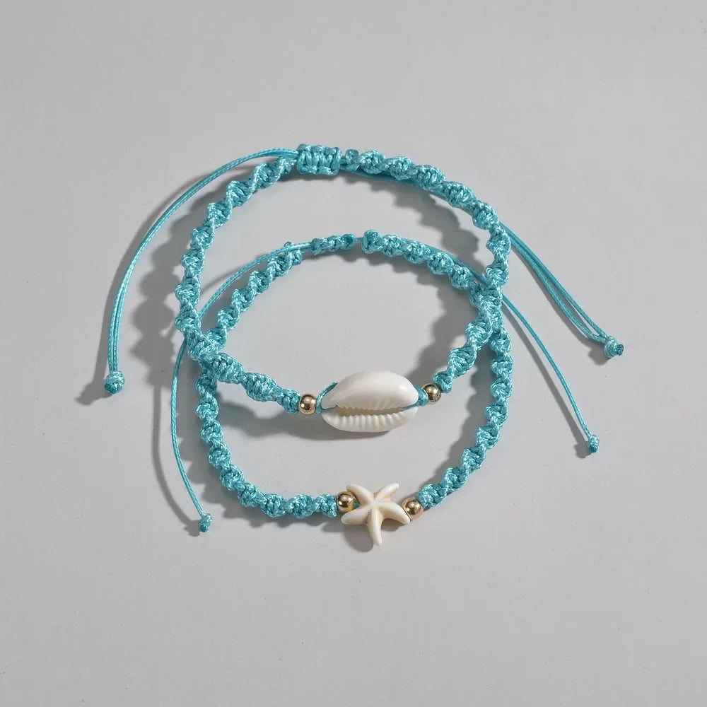 2pcs Ocean Style Seashell Starfish Anklet Set Blue Rope Beach Anklet