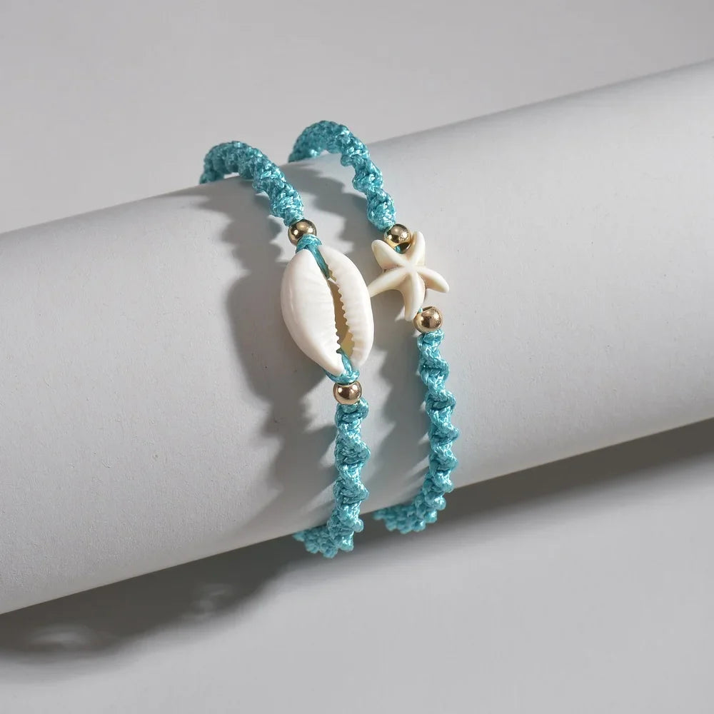 2pcs Ocean Style Seashell Starfish Anklet Set Blue Rope Beach Anklet