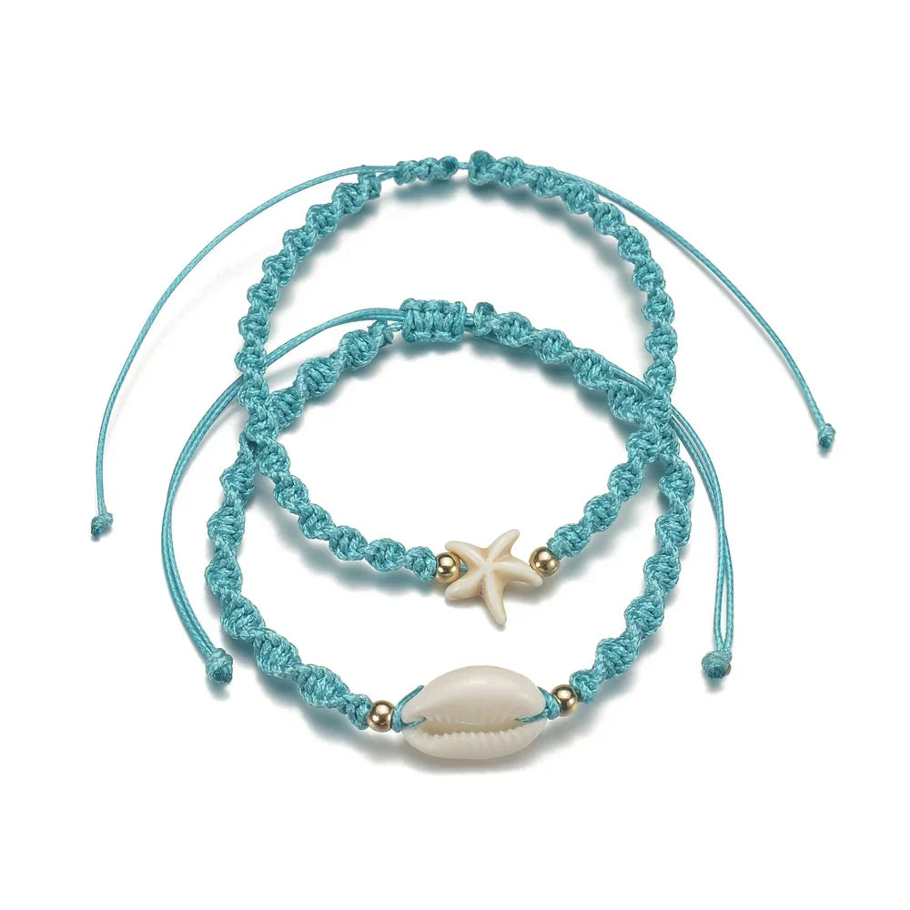 2pcs Ocean Style Seashell Starfish Anklet Set Blue Rope Beach Anklet