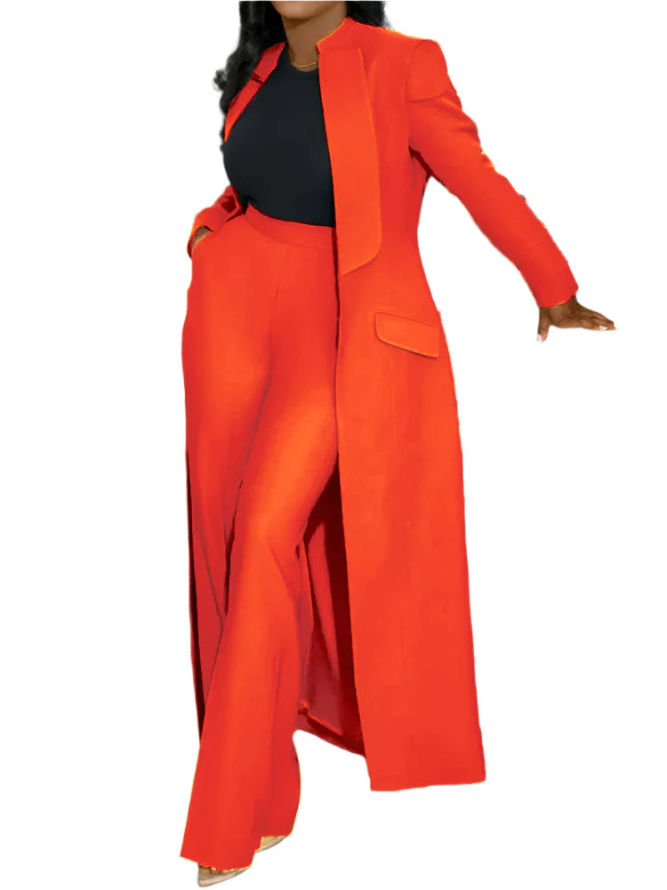 2pcs Office Long Sleeve Blazer Coat Suit Top with Wide Leg Pants Set