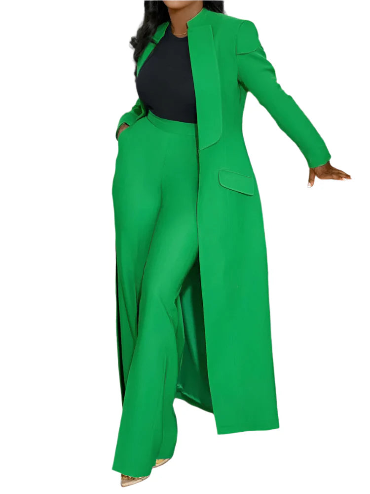 2pcs Office Long Sleeve Blazer Coat Suit Top with Wide Leg Pants Set