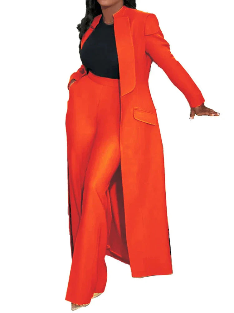 2pcs Office Long Sleeve Blazer Coat Suit Top with Wide Leg Pants Set