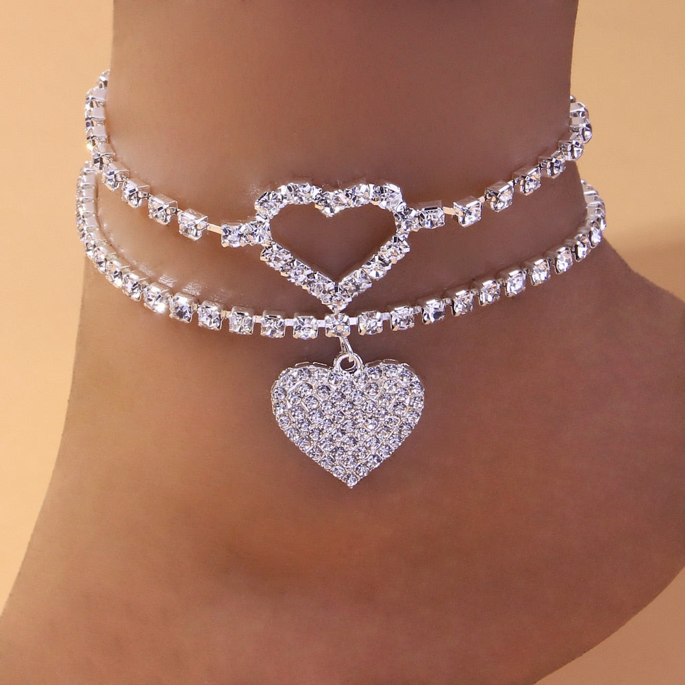 2pcs set Heart Rhinestone Anklets Foot Bracelet Summer Beach Chain