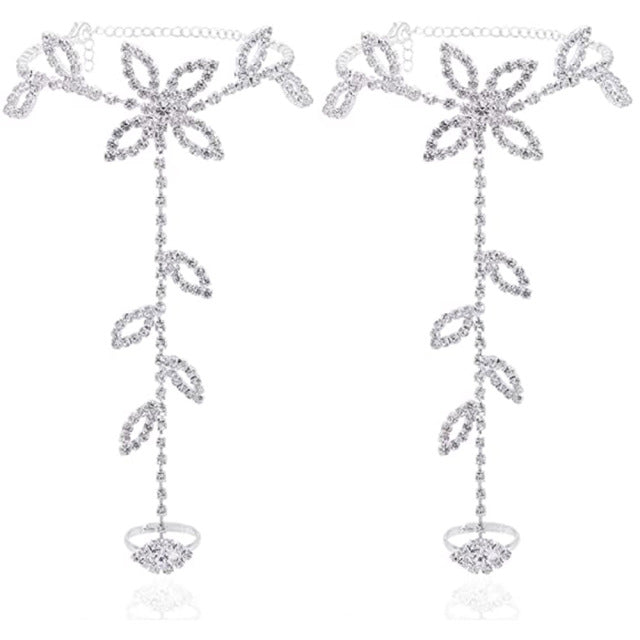 2Pcs Set Rhinestone Leaf Finger Anklet for Women Leaf Harness Anklet