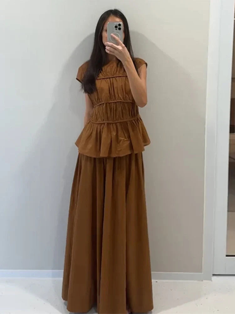 2pcs Solid Sleeveless Top With High Waist Pleated Pants Loose Outfit