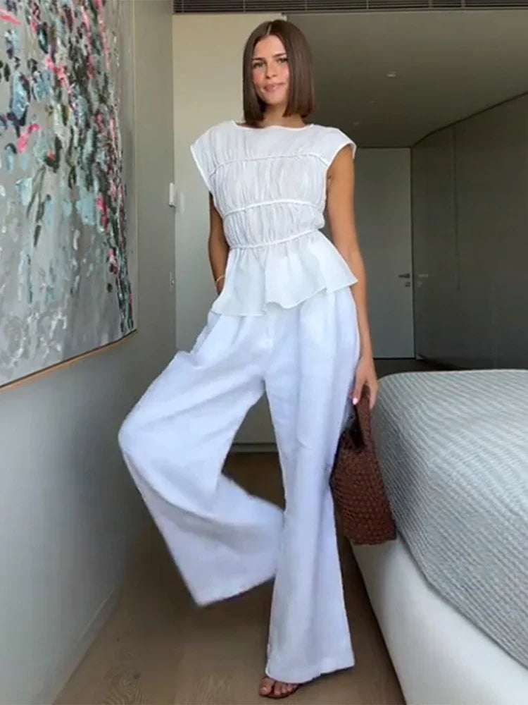 2pcs Solid Sleeveless Top With High Waist Pleated Pants Loose Outfit