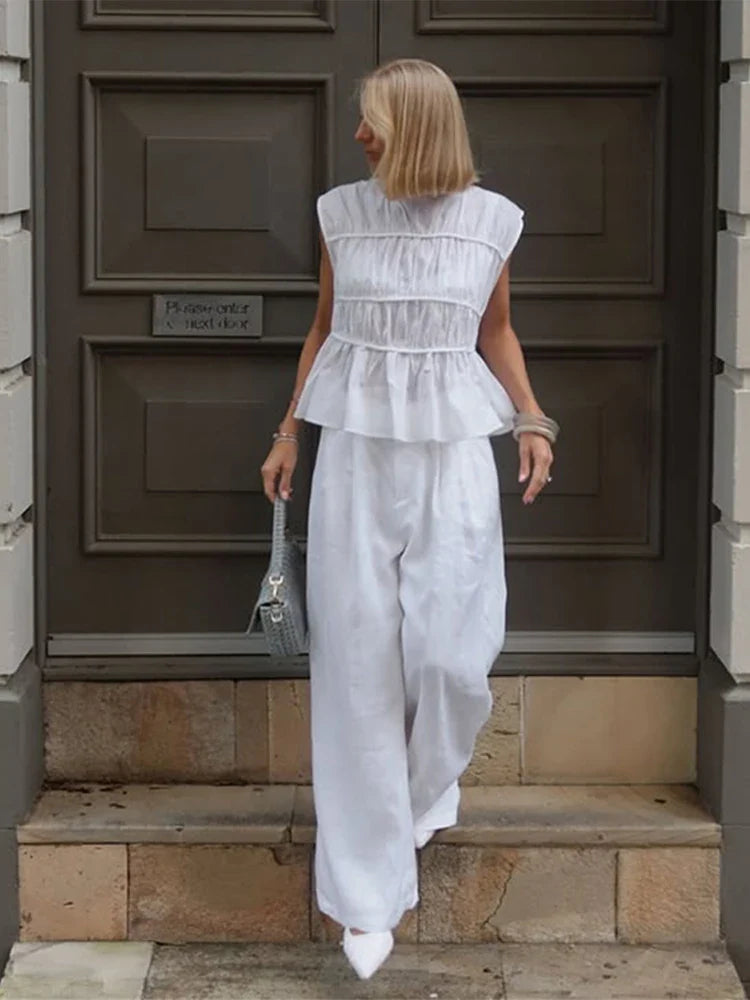 2pcs Solid Sleeveless Top With High Waist Pleated Pants Loose Outfit