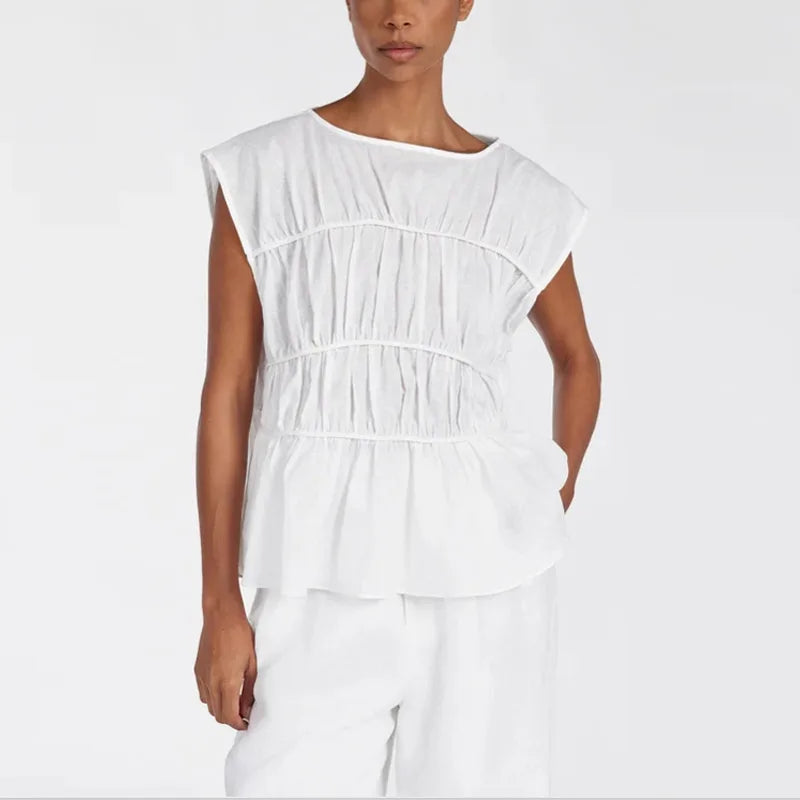 2pcs Solid Sleeveless Top With High Waist Pleated Pants Loose Outfit
