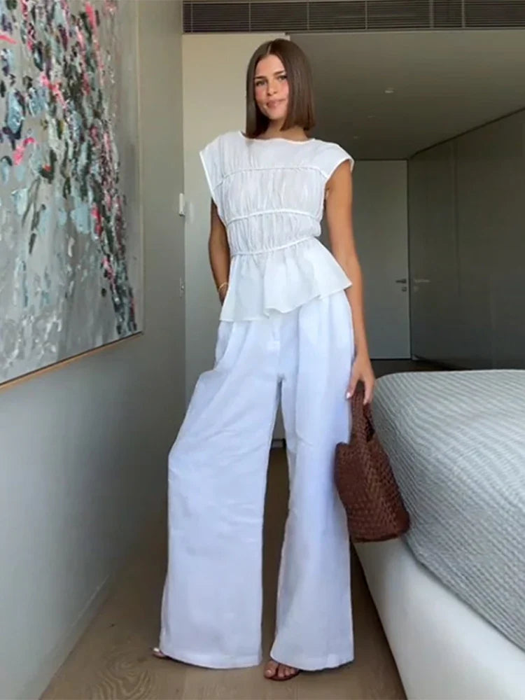 2pcs Solid Sleeveless Top With High Waist Pleated Pants Loose Outfit