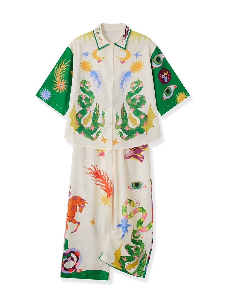 2pcs Unique Print Short Sleeve Shirt Top and Long Pants Outfit Set