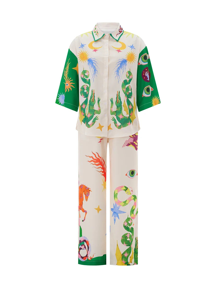 2pcs Unique Print Short Sleeve Shirt Top and Long Pants Outfit Set
