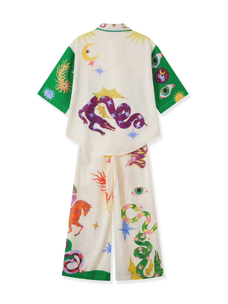 2pcs Unique Print Short Sleeve Shirt Top and Long Pants Outfit Set