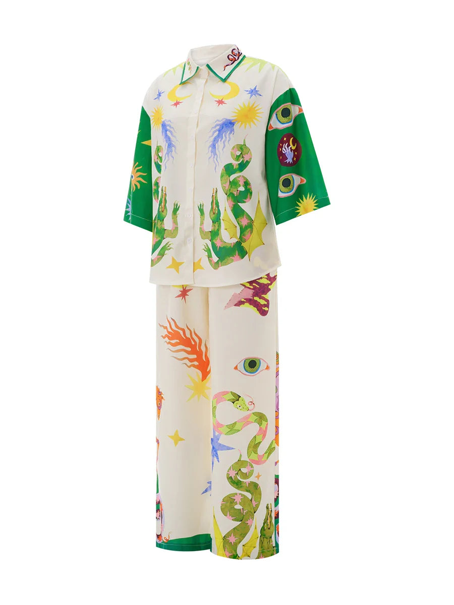 2pcs Unique Print Short Sleeve Shirt Top and Long Pants Outfit Set