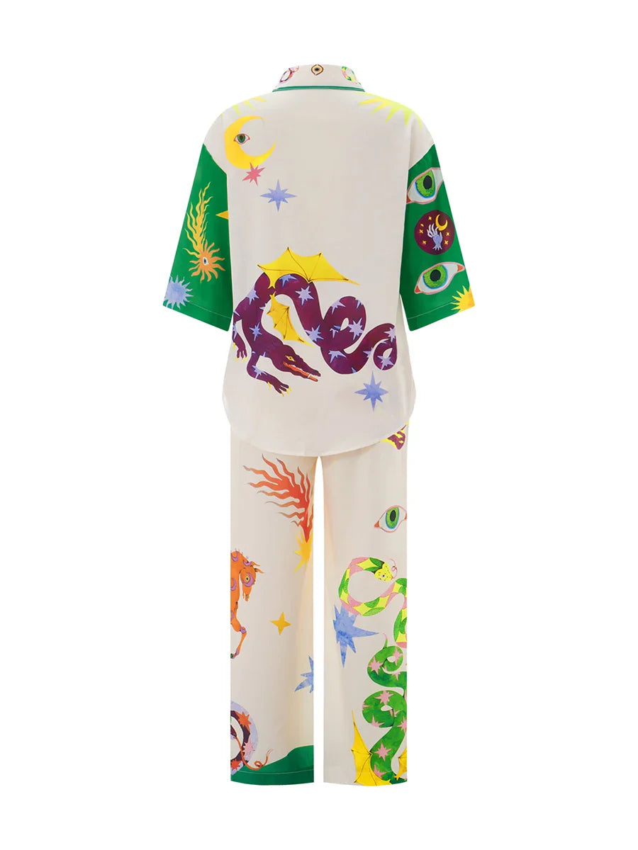 2pcs Unique Print Short Sleeve Shirt Top and Long Pants Outfit Set