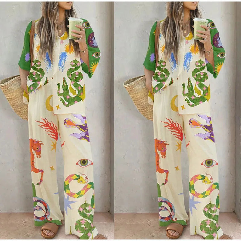 2pcs Unique Print Short Sleeve Shirt Top and Long Pants Outfit Set