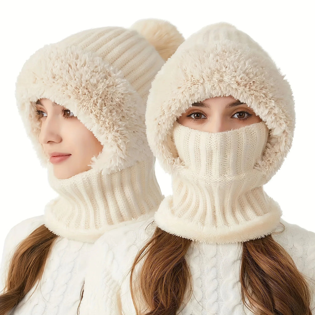 3-in-1 Beanie Scarf and Mask Set Fleece-Lined Knitted Windproof Cap