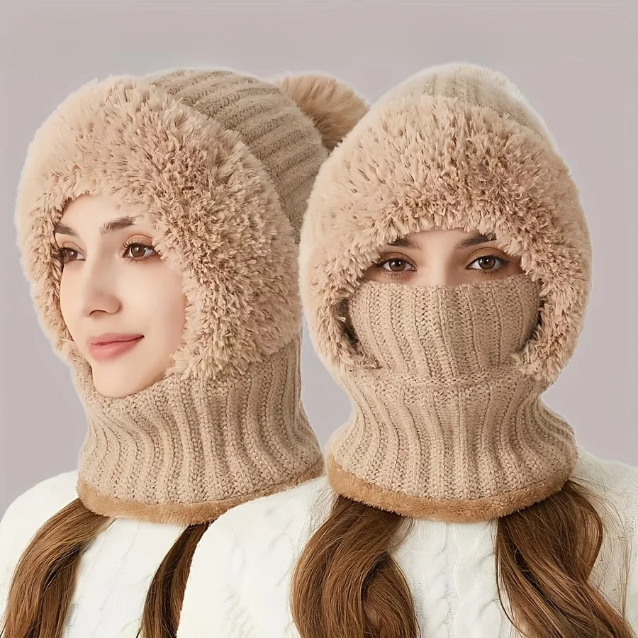 3-in-1 Beanie Scarf and Mask Set Fleece-Lined Knitted Windproof Cap