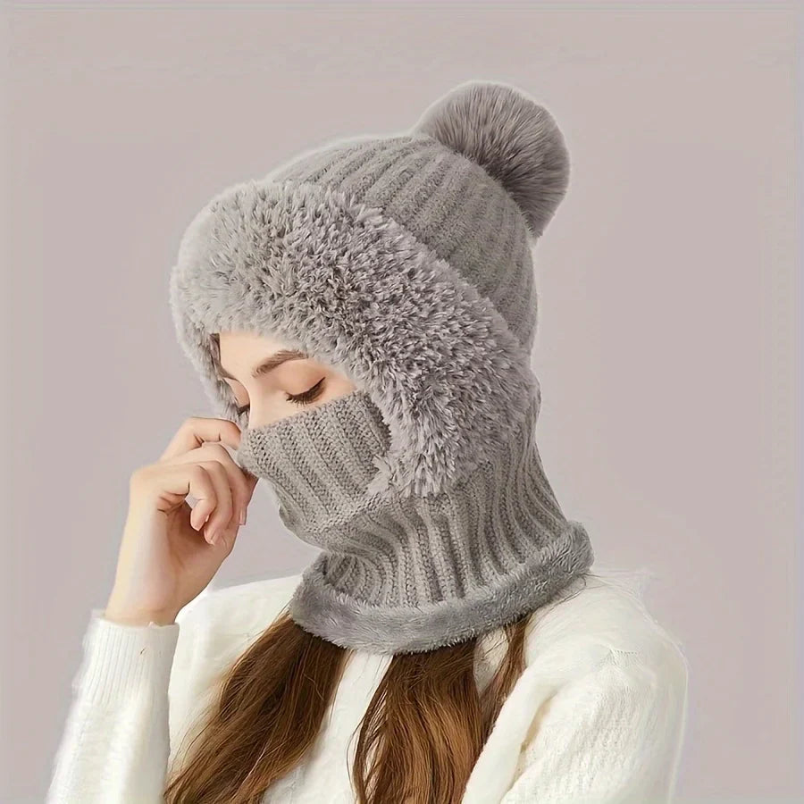 3-in-1 Beanie Scarf and Mask Set Fleece-Lined Knitted Windproof Cap