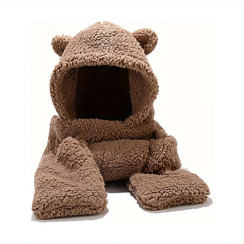 3 in 1 Winter Faux Fur Hooded Scarf Bear Ears With Gloves Plush Hat