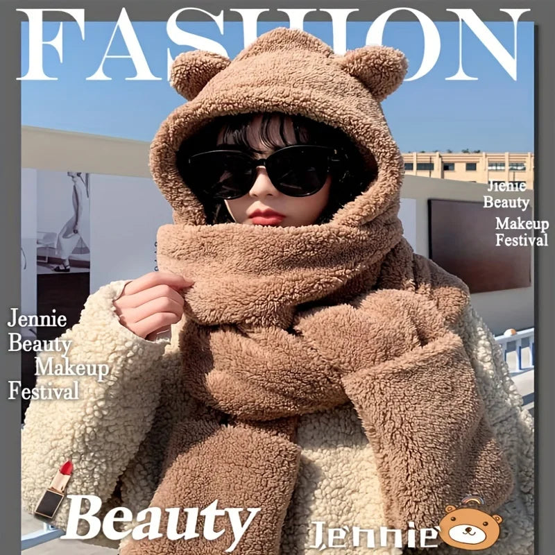 3 in 1 Winter Faux Fur Hooded Scarf Bear Ears With Gloves Plush Hat