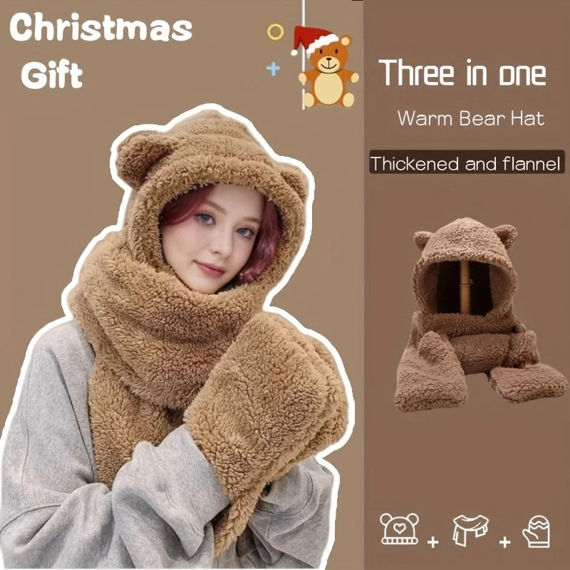 3 in 1 Winter Faux Fur Hooded Scarf Bear Ears With Gloves Plush Hat