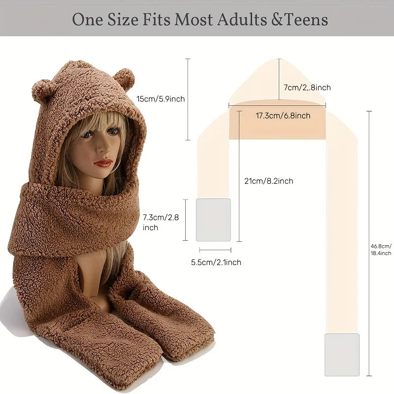 3 in 1 Winter Faux Fur Hooded Scarf Bear Ears With Gloves Plush Hat