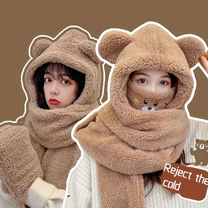 3 in 1 Winter Faux Fur Hooded Scarf Bear Ears With Gloves Plush Hat