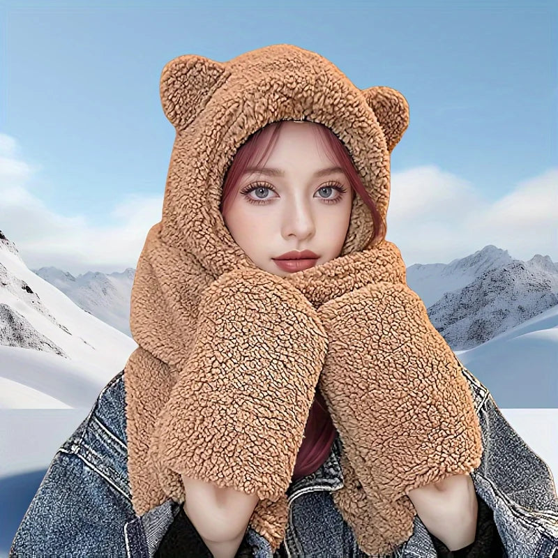 3 in 1 Winter Faux Fur Hooded Scarf Bear Ears With Gloves Plush Hat