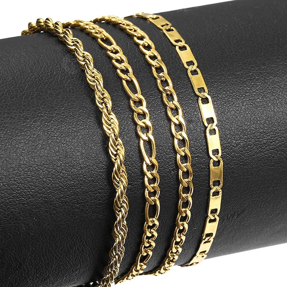 3MM Gold Plated Stainless Steel Rope Figaro Curb Link Chain Anklet