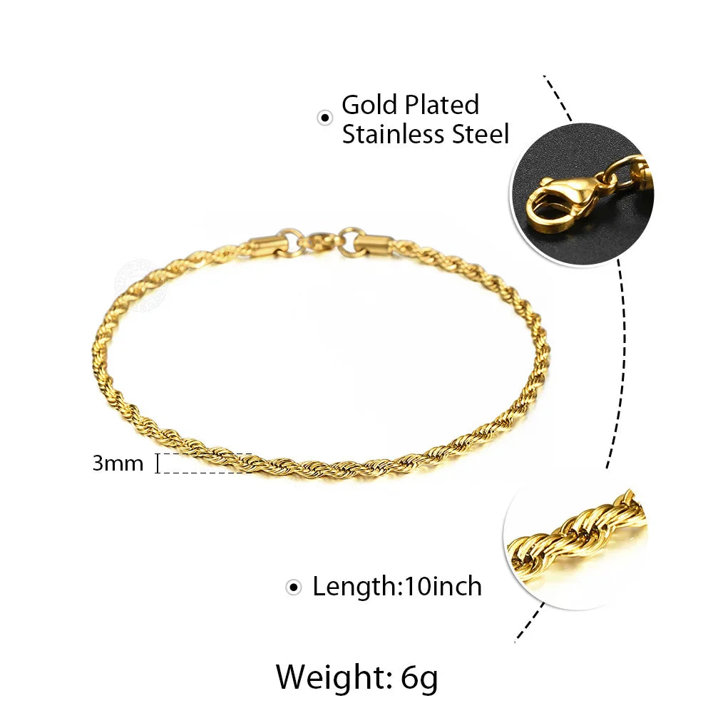 3MM Gold Plated Stainless Steel Rope Figaro Curb Link Chain Anklet