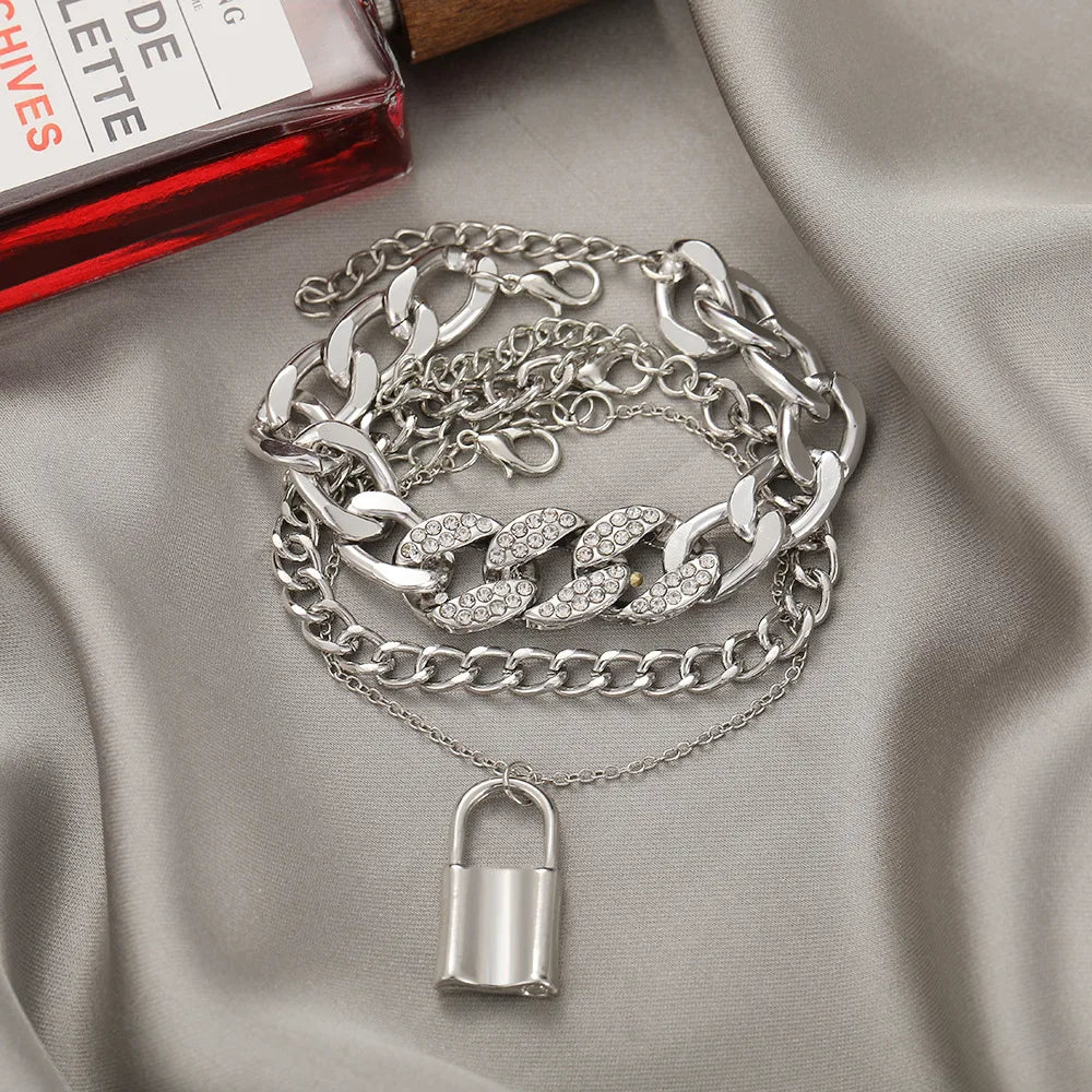 3pcs Fashion Lock Pendant Anklet Set Crystal Link Chain Ankle Bracelet