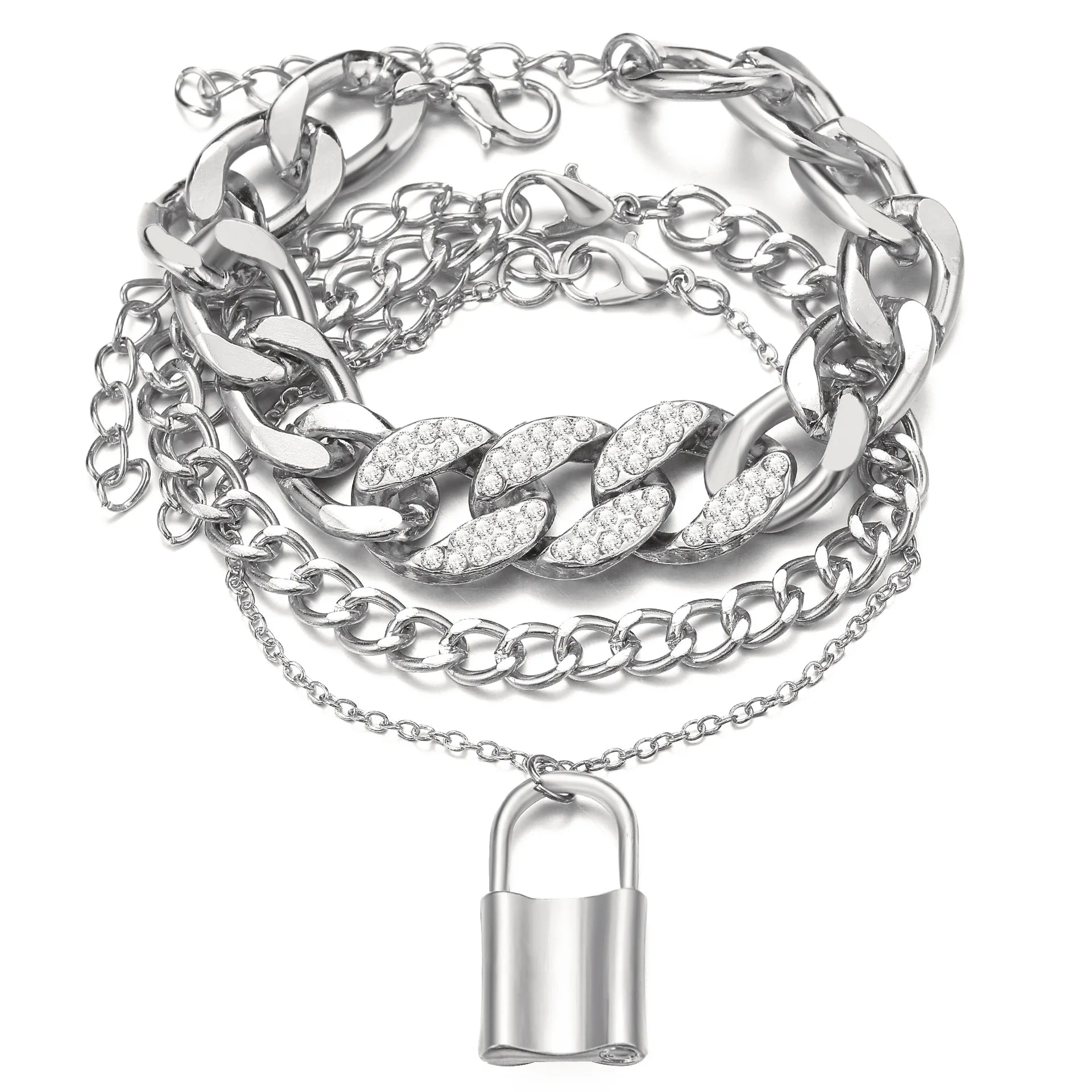 3pcs Fashion Lock Pendant Anklet Set Crystal Link Chain Ankle Bracelet
