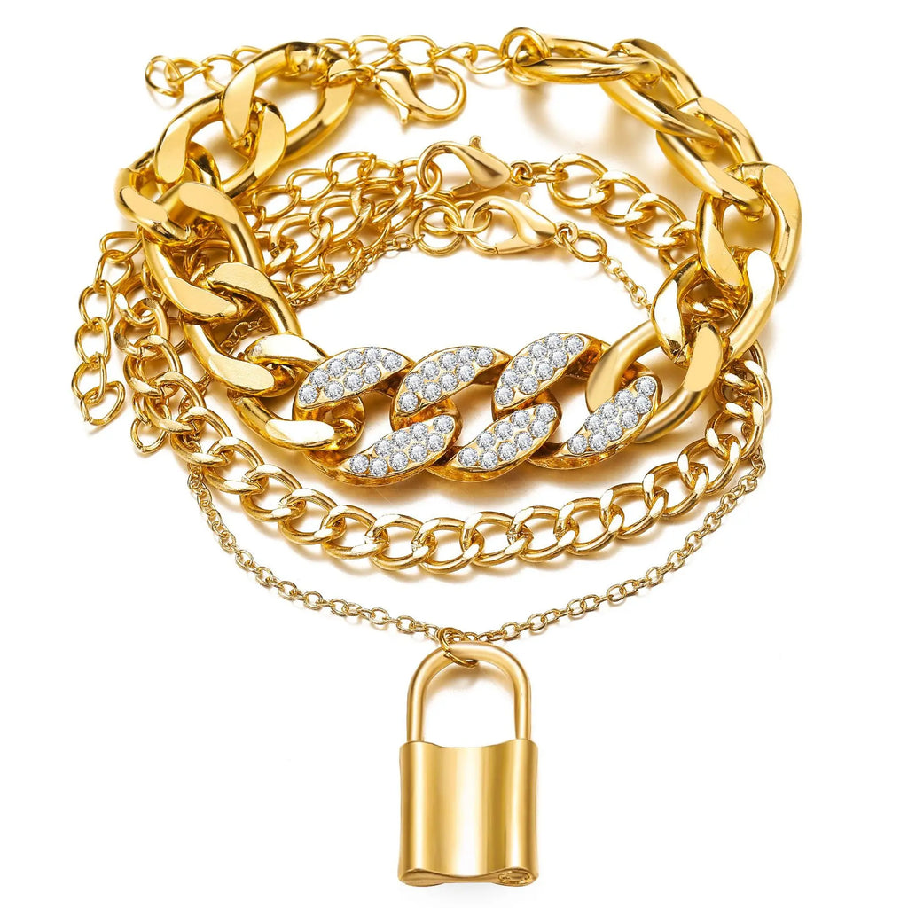 3pcs Fashion Lock Pendant Anklet Set Crystal Link Chain Ankle Bracelet