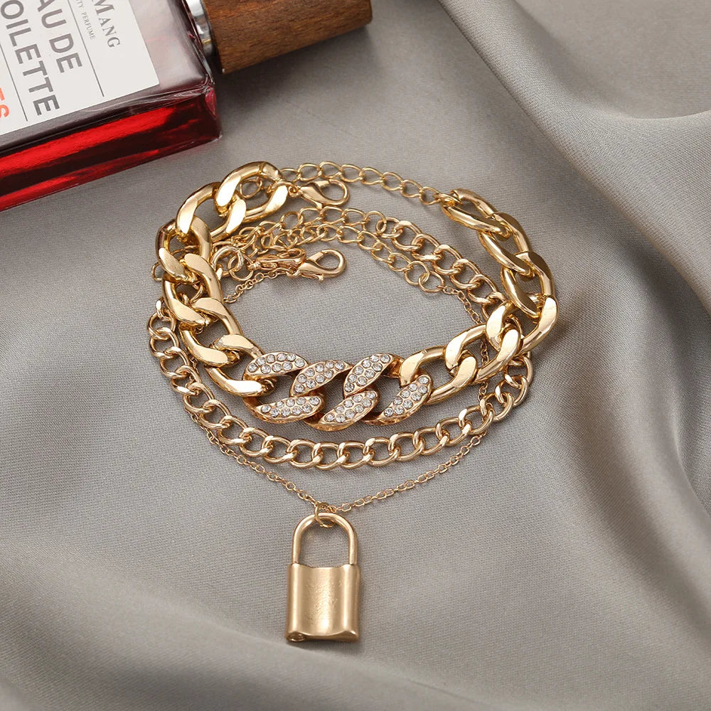 3pcs Fashion Lock Pendant Anklet Set Crystal Link Chain Ankle Bracelet