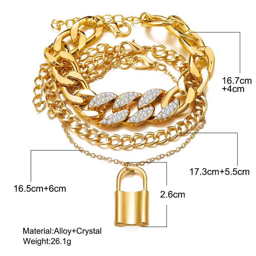 3pcs Fashion Lock Pendant Anklet Set Crystal Link Chain Ankle Bracelet