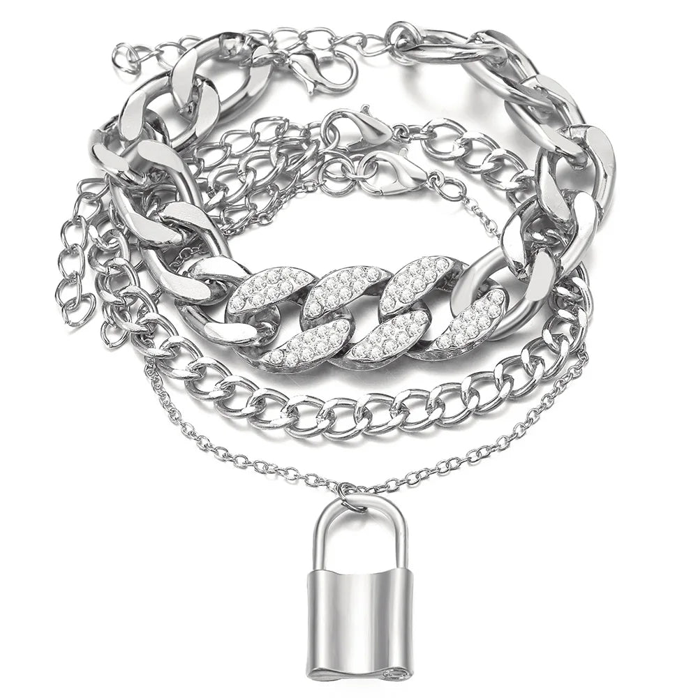 3pcs Fashion Lock Pendant Anklet Set Crystal Link Chain Ankle Bracelet