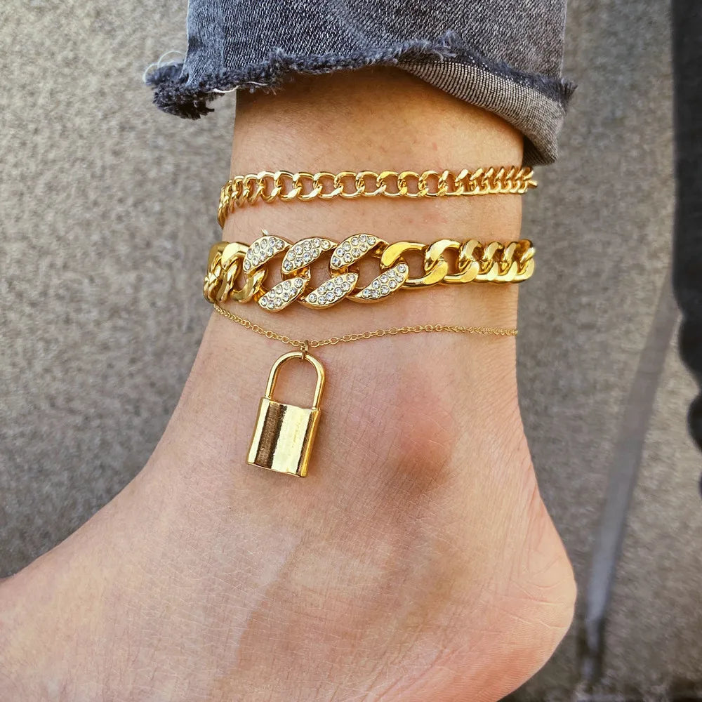 3pcs Fashion Lock Pendant Anklet Set Crystal Link Chain Ankle Bracelet