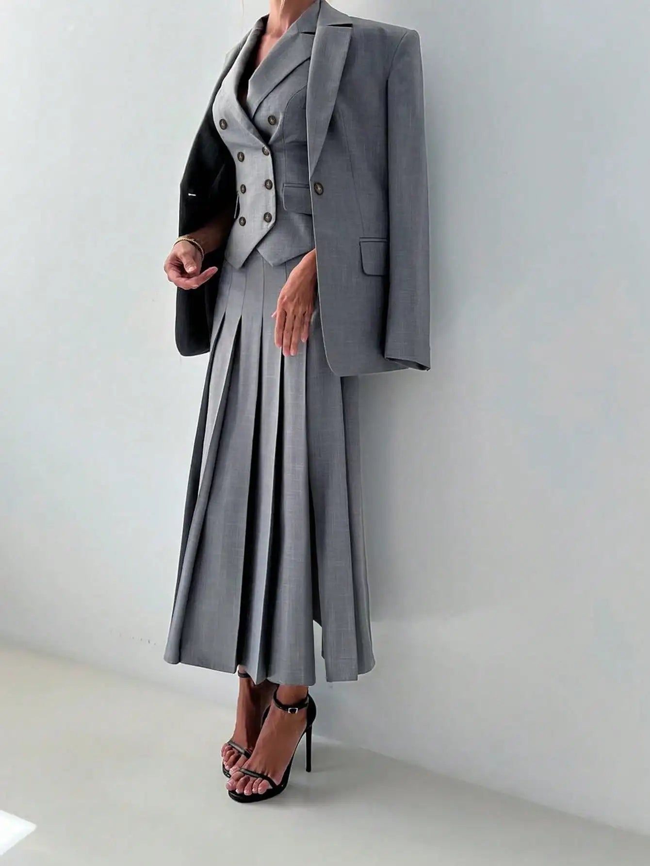 3pcs Fitted Vest Pleated Midi Skirt Elegant Work Business Suit Set
