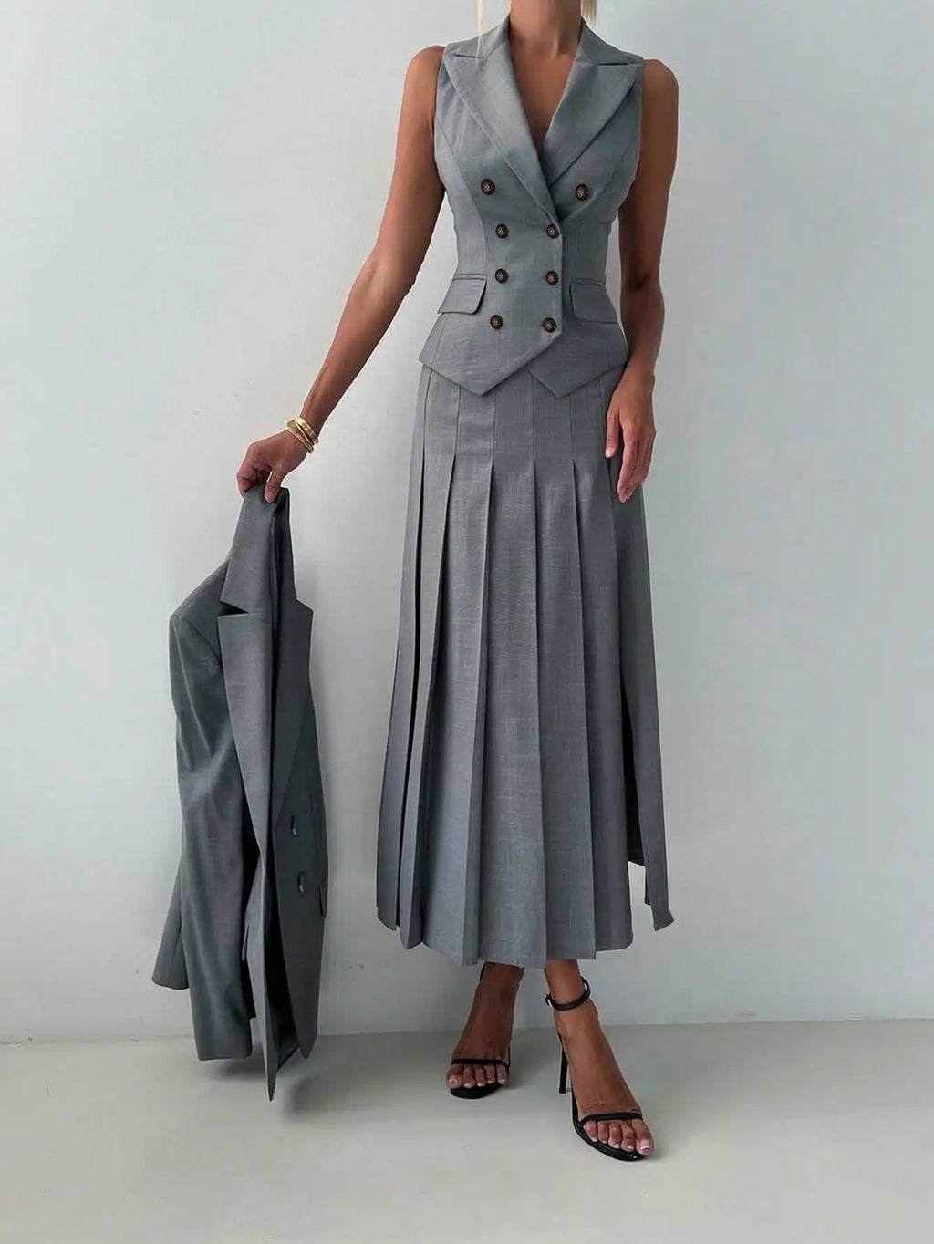3pcs Fitted Vest Pleated Midi Skirt Elegant Work Business Suit Set